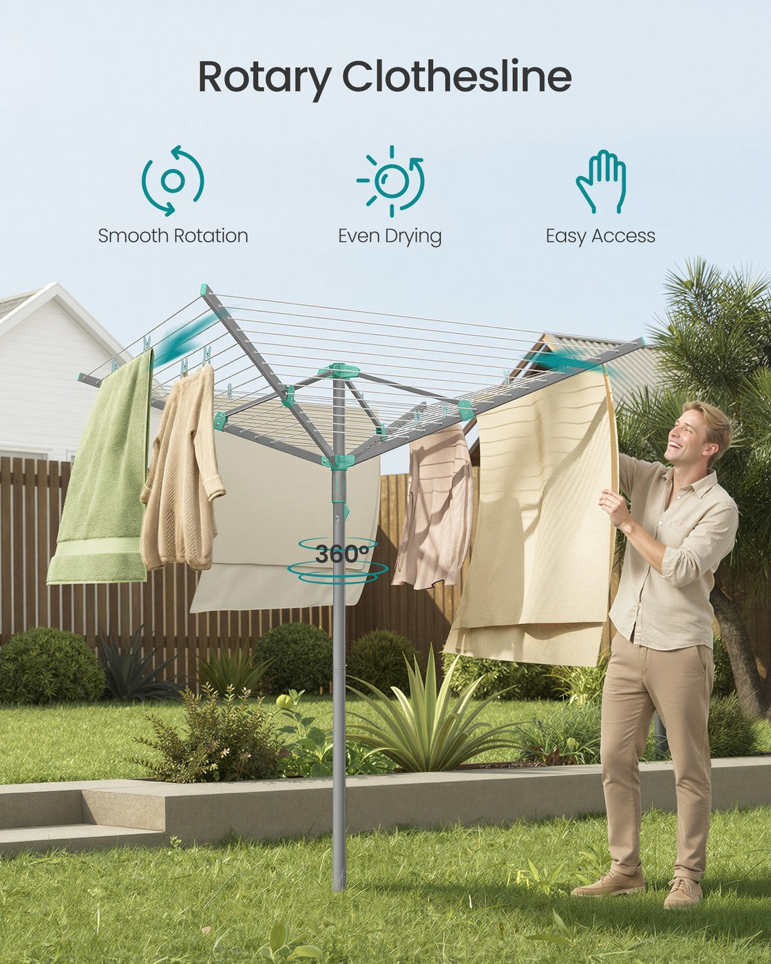Rotary Washing Line, 45 m Outdoor Clothes Airer, Silver - image 9
