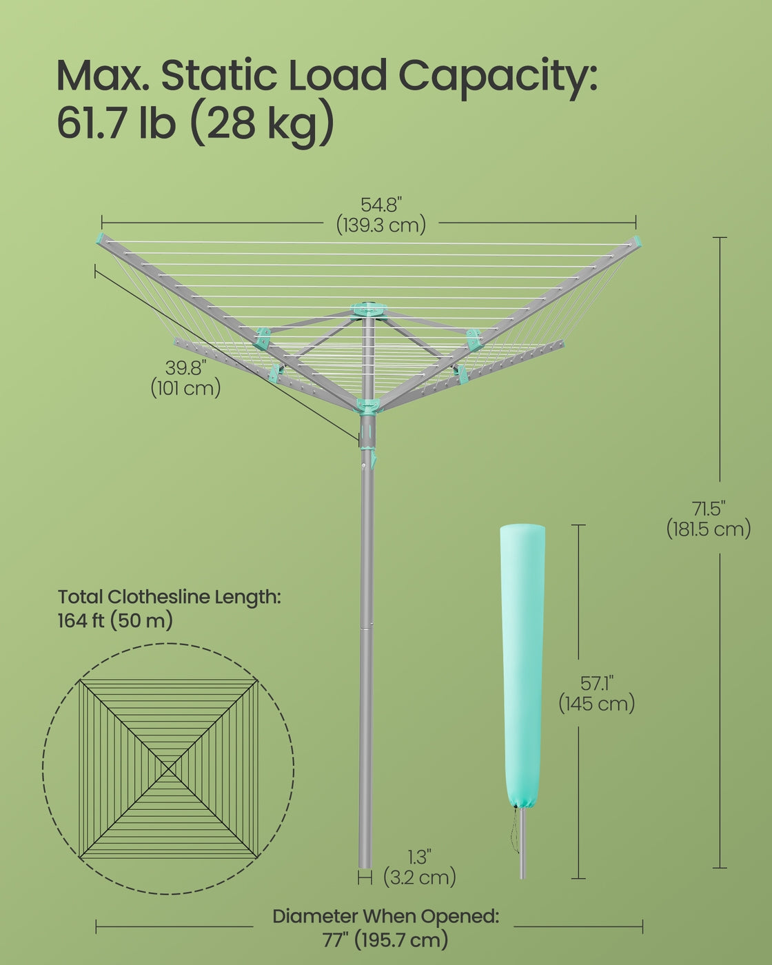 Rotary Washing Line, 45 m Outdoor Clothes Airer, Silver - image 12
