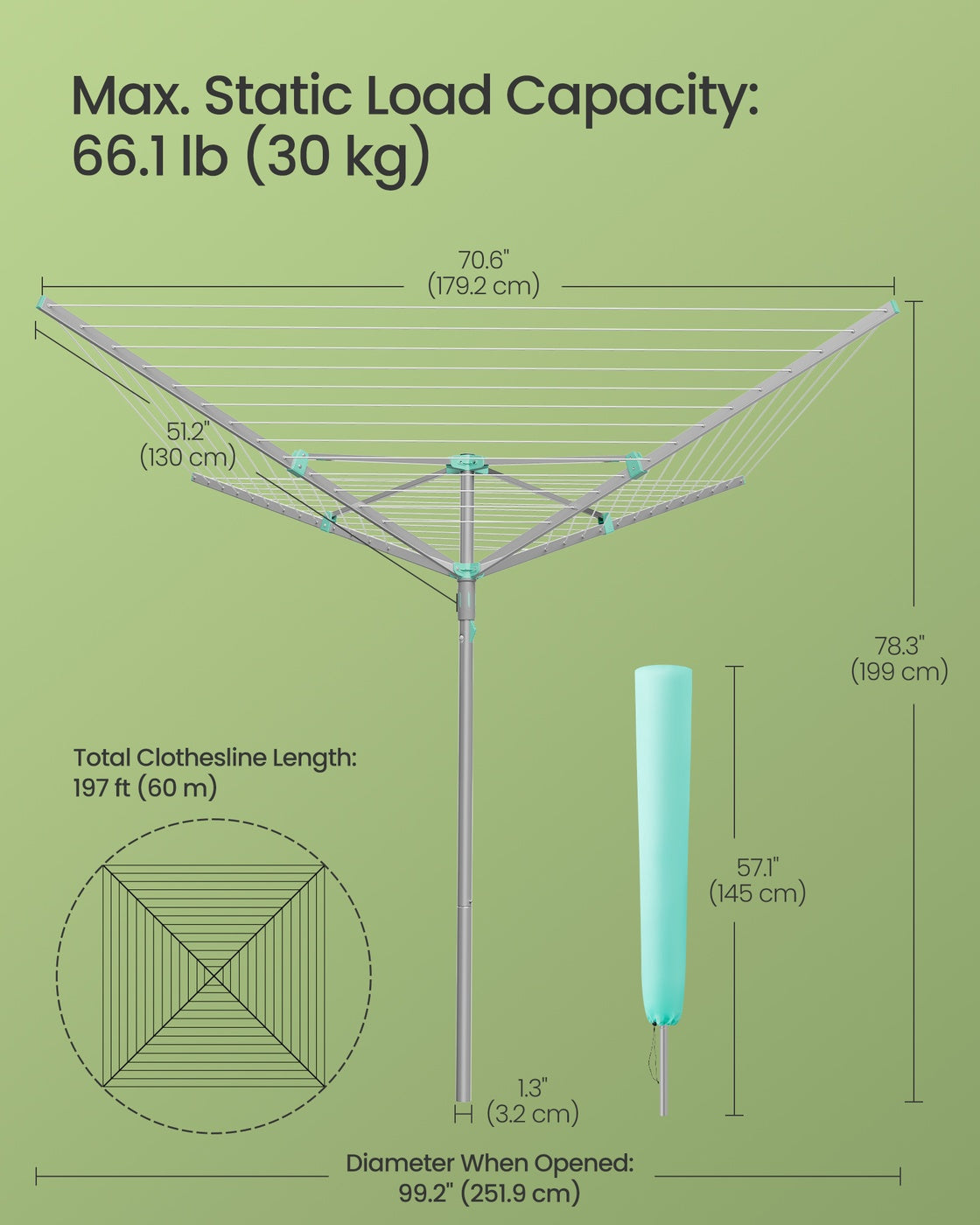 Rotary Washing Line, 45 m Outdoor Clothes Airer, Silver - image 18