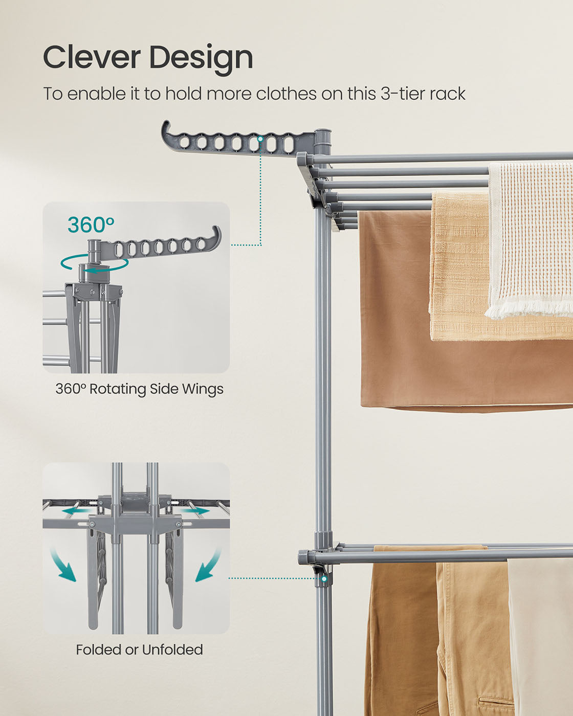 Large Clothes Airer 3-Tier Moveable Clothes Horse Dove Grey - image 5