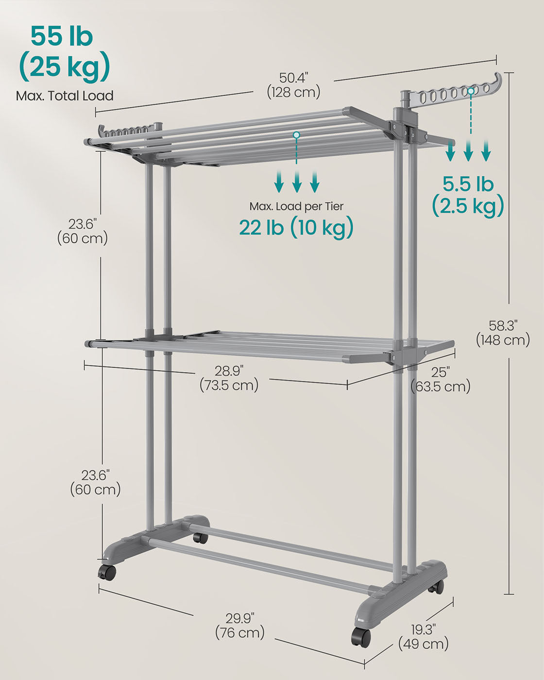 Large Clothes Airer 3-Tier Moveable Clothes Horse Dove Grey - image 7