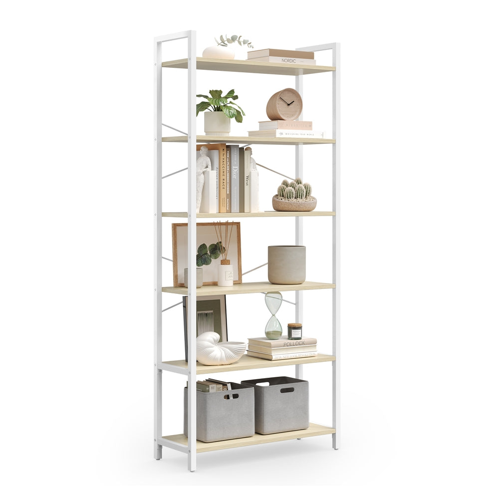 6-Tier Bookshelf, Industrial Bookcase, Beige and White - image 1