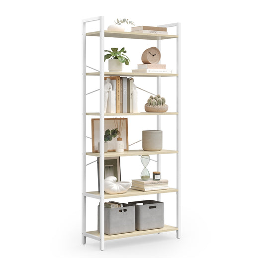 6-Tier Bookshelf, Industrial Bookcase, Beige and White - image 1