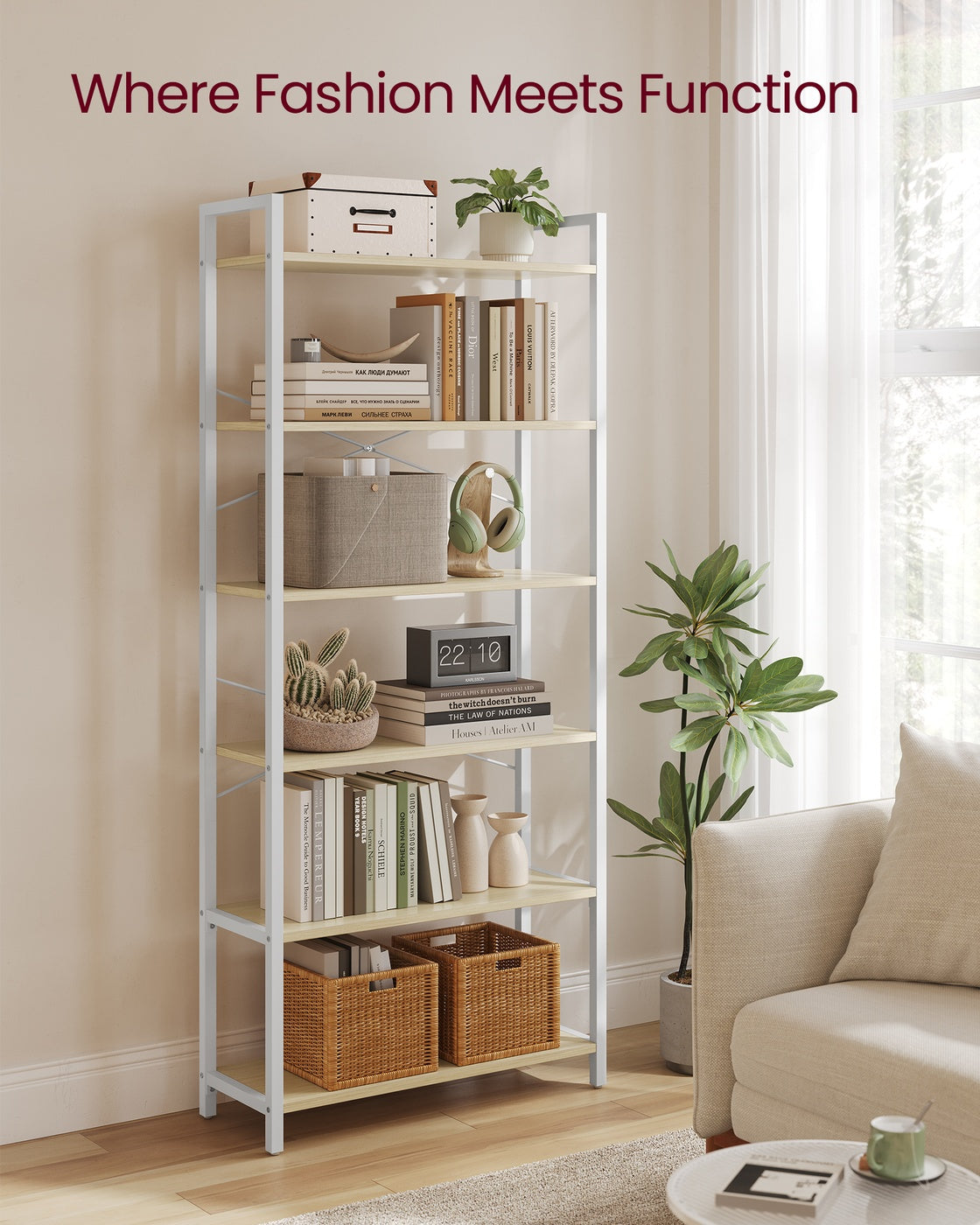 6-Tier Bookshelf, Industrial Bookcase, Beige and White - image 3