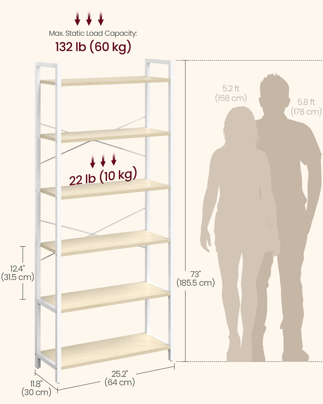 6-Tier Bookshelf, Industrial Bookcase, Beige and White - image 6