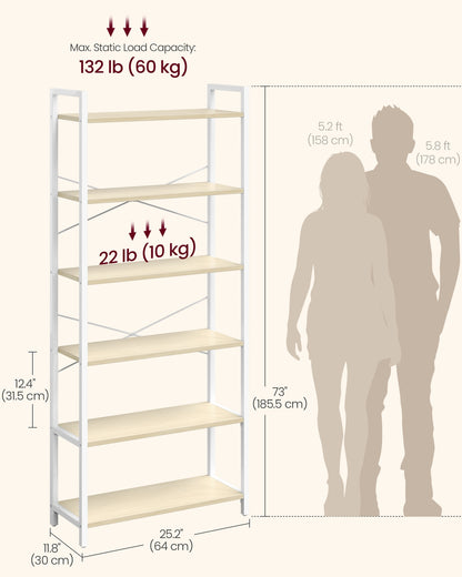 6-Tier Bookshelf, Industrial Bookcase, Beige and White - image 6
