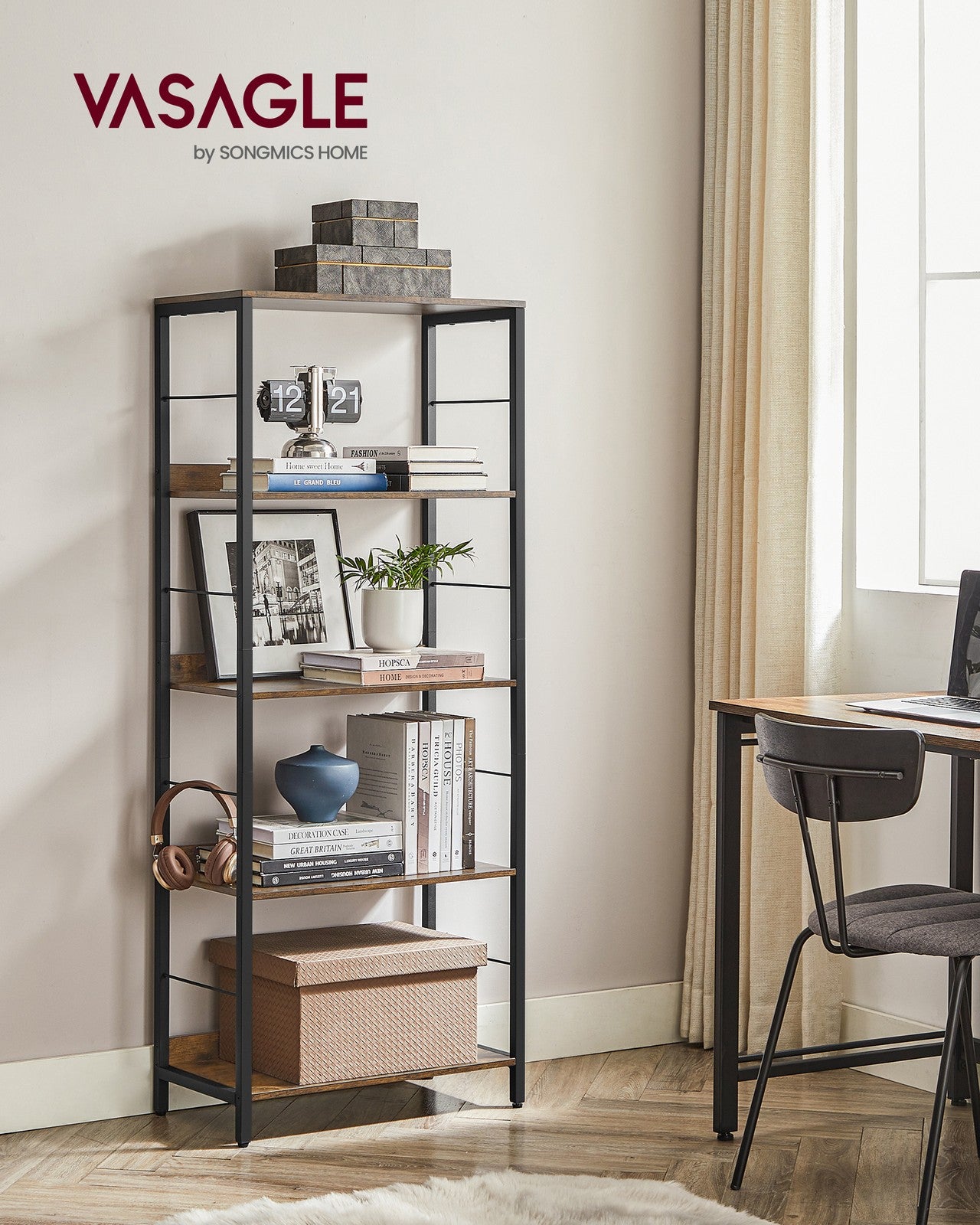 5-Tier Standing Bookshelf Rustic Brown and Ink Black - image 3