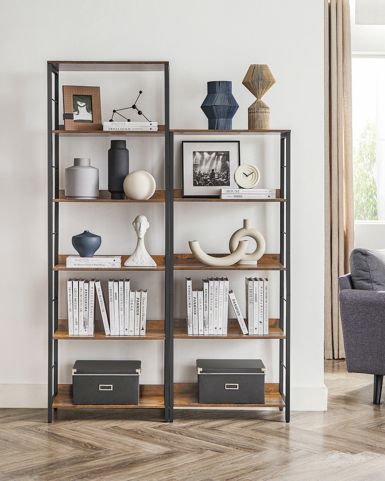 5-Tier Standing Bookshelf Rustic Brown and Ink Black - image 4