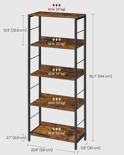 5-Tier Standing Bookshelf Rustic Brown and Ink Black - image 8
