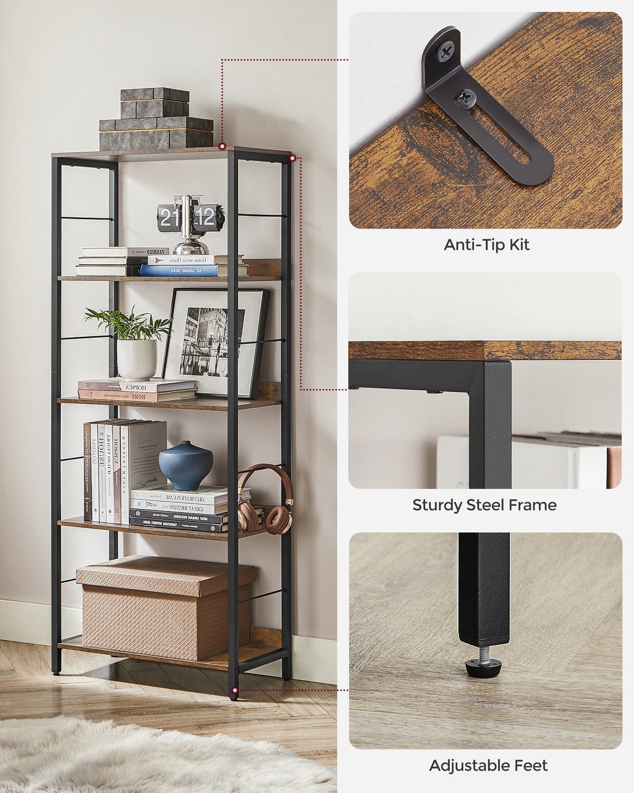 5-Tier Standing Bookshelf Rustic Brown and Ink Black - image 9
