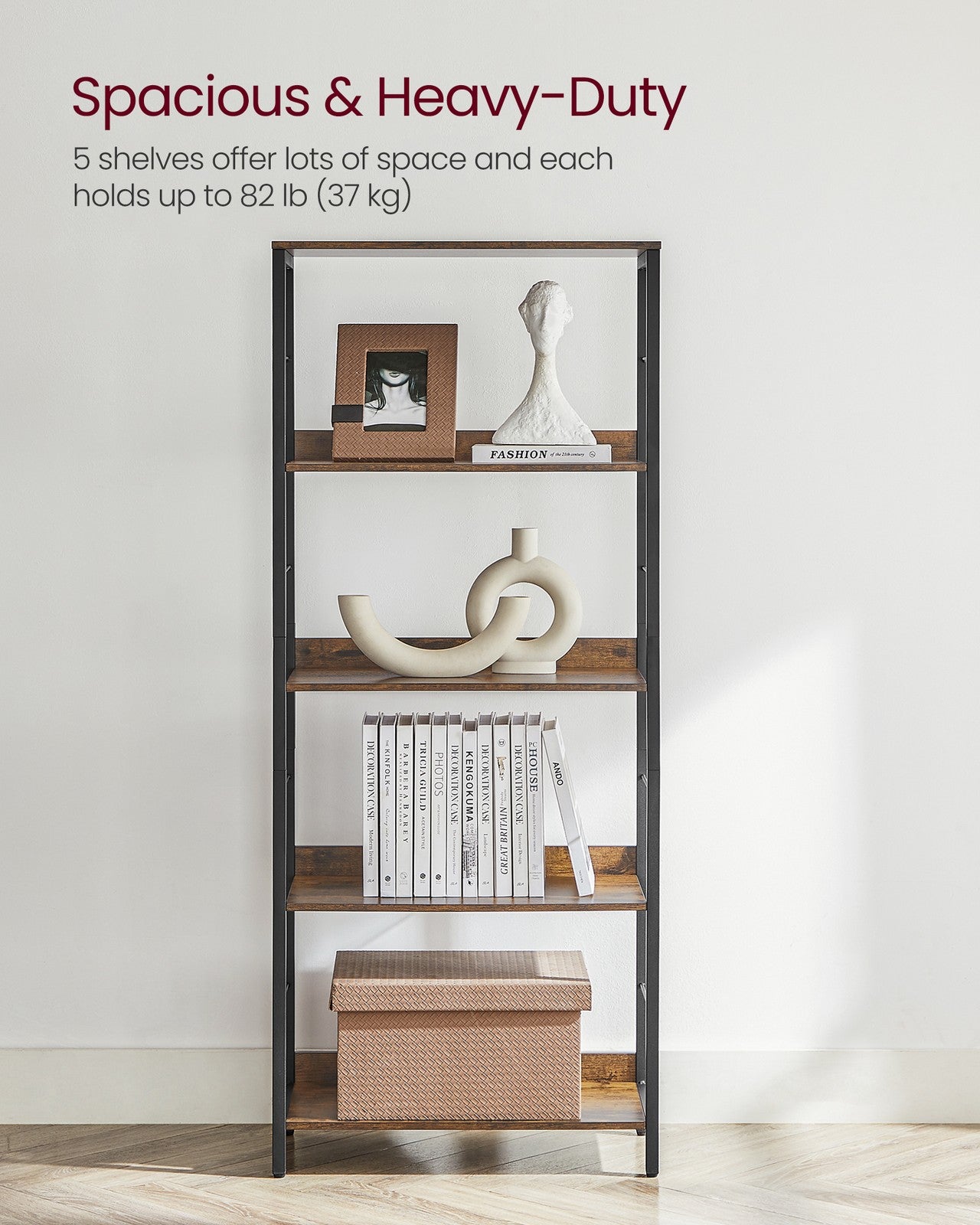 5-Tier Standing Bookshelf Rustic Brown and Ink Black - image 10