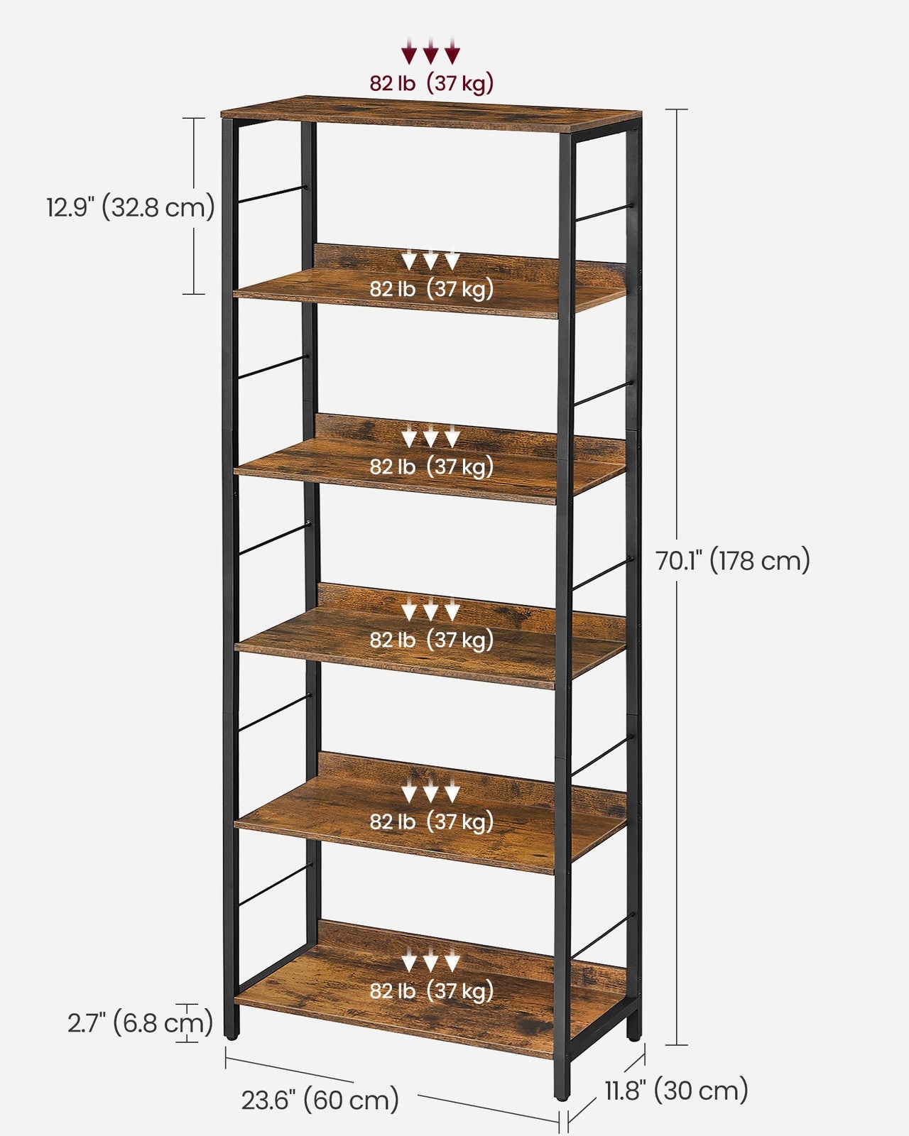 5-Tier Standing Bookshelf Rustic Brown and Ink Black - image 17