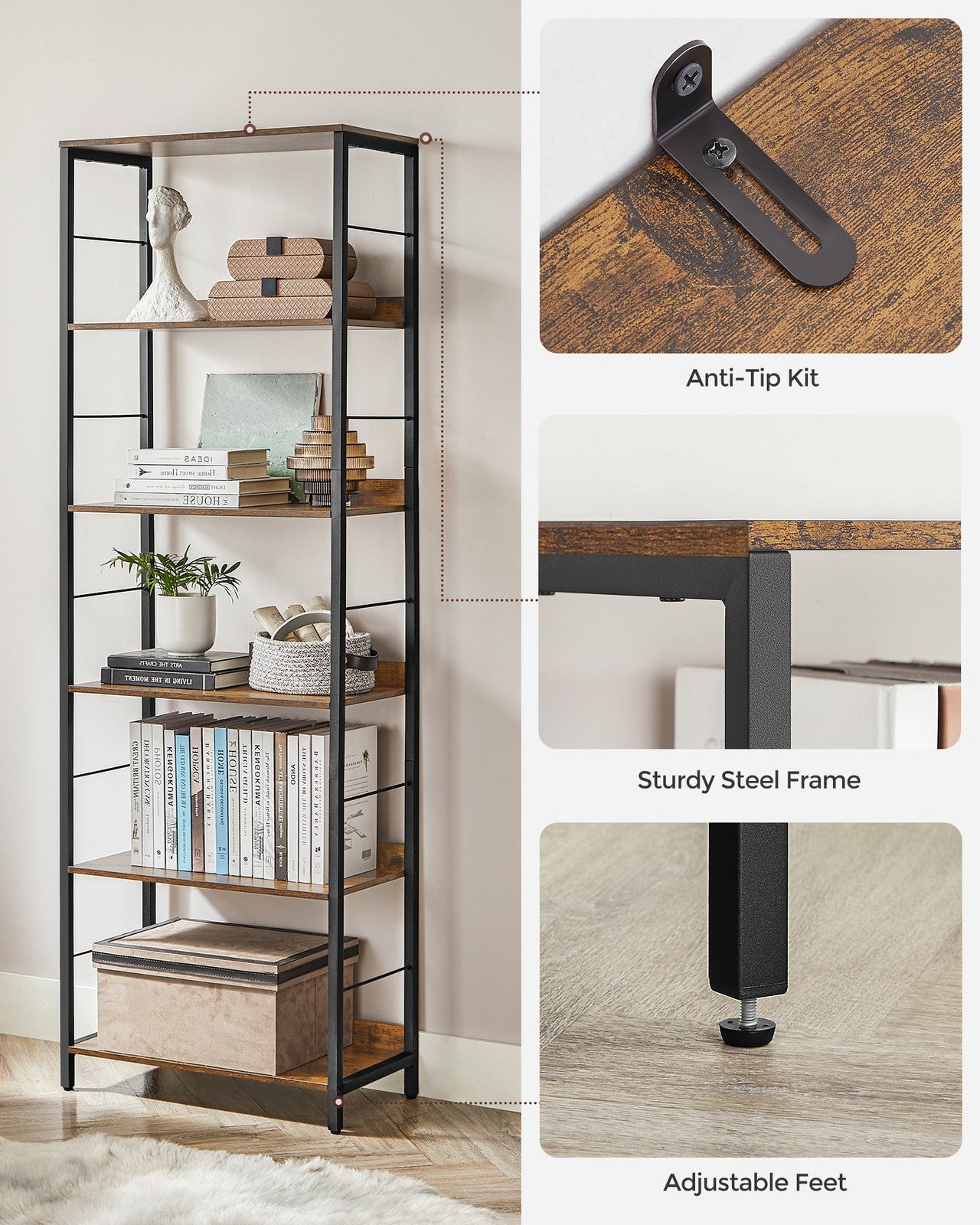 5-Tier Standing Bookshelf Rustic Brown and Ink Black - image 18