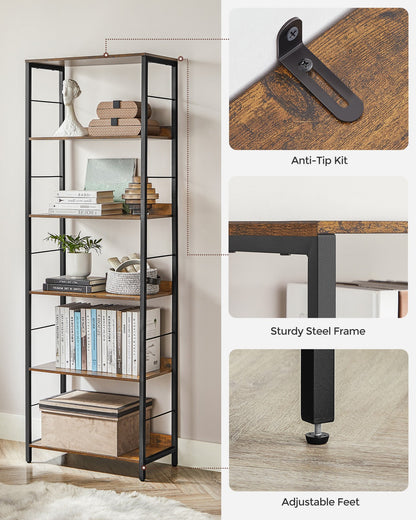 5-Tier Standing Bookshelf Rustic Brown and Ink Black - image 18