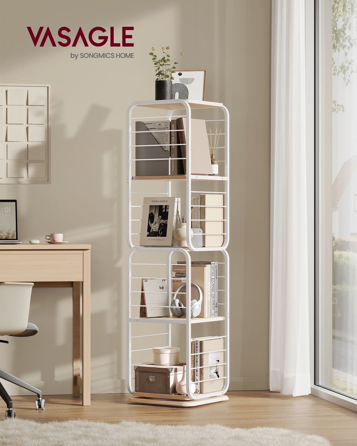 4-Tier Rotating Bookshelf Natural Beige and Cloud White - image 2