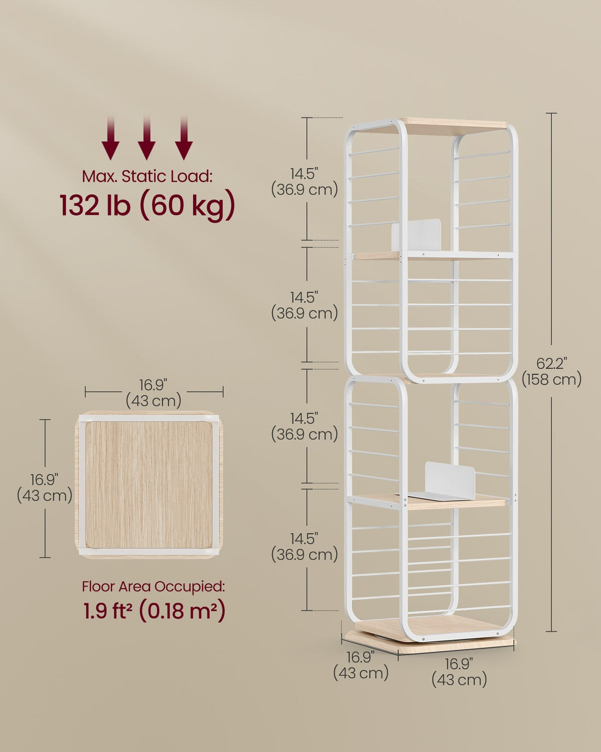 4-Tier Rotating Bookshelf Natural Beige and Cloud White - image 5