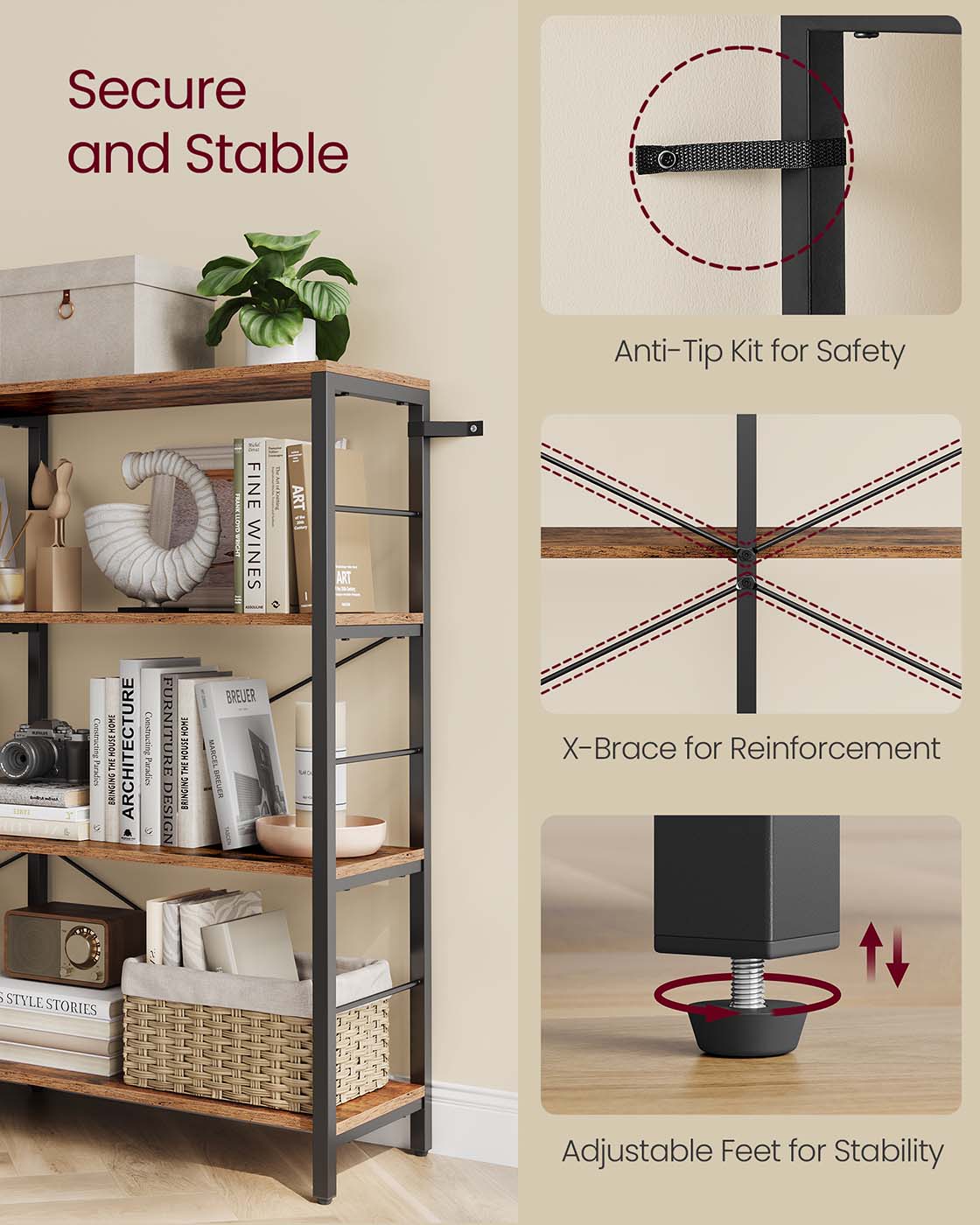 6-Tier Bookshelf Rustic Brown and Black 30 x 120 x 109.4 cm - image 5