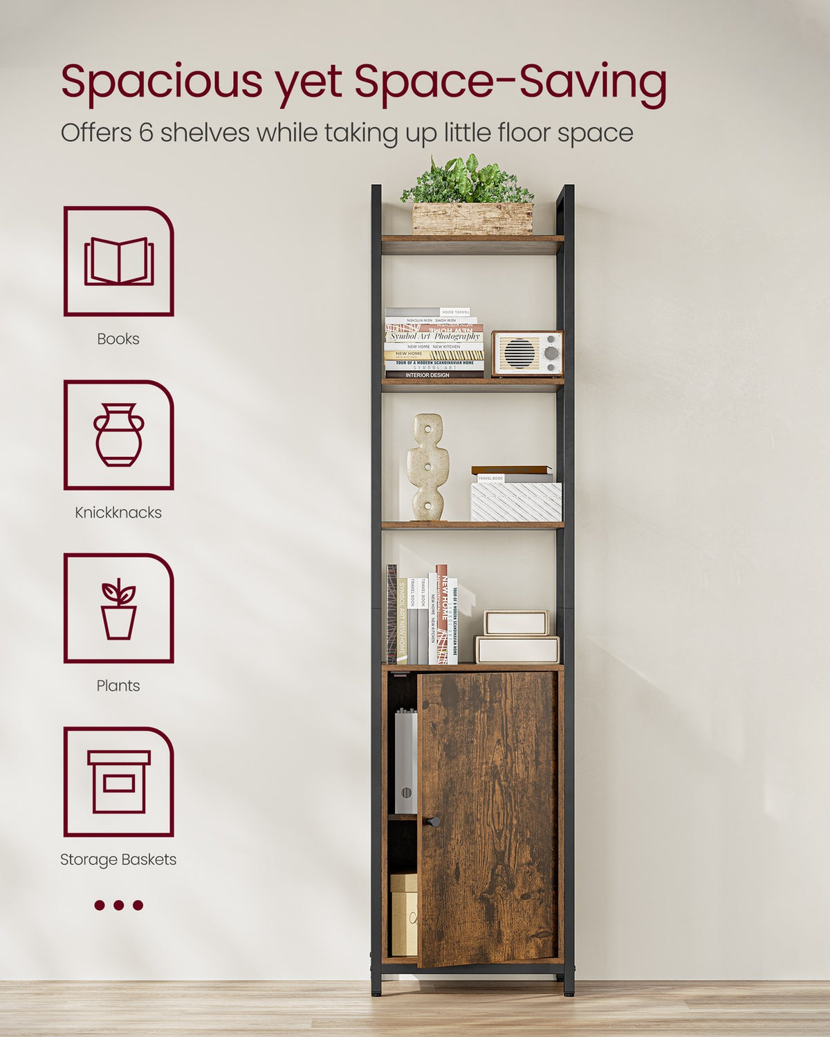 6-Tier Bookcase with Door Ebony Black and Ink Black - image 10