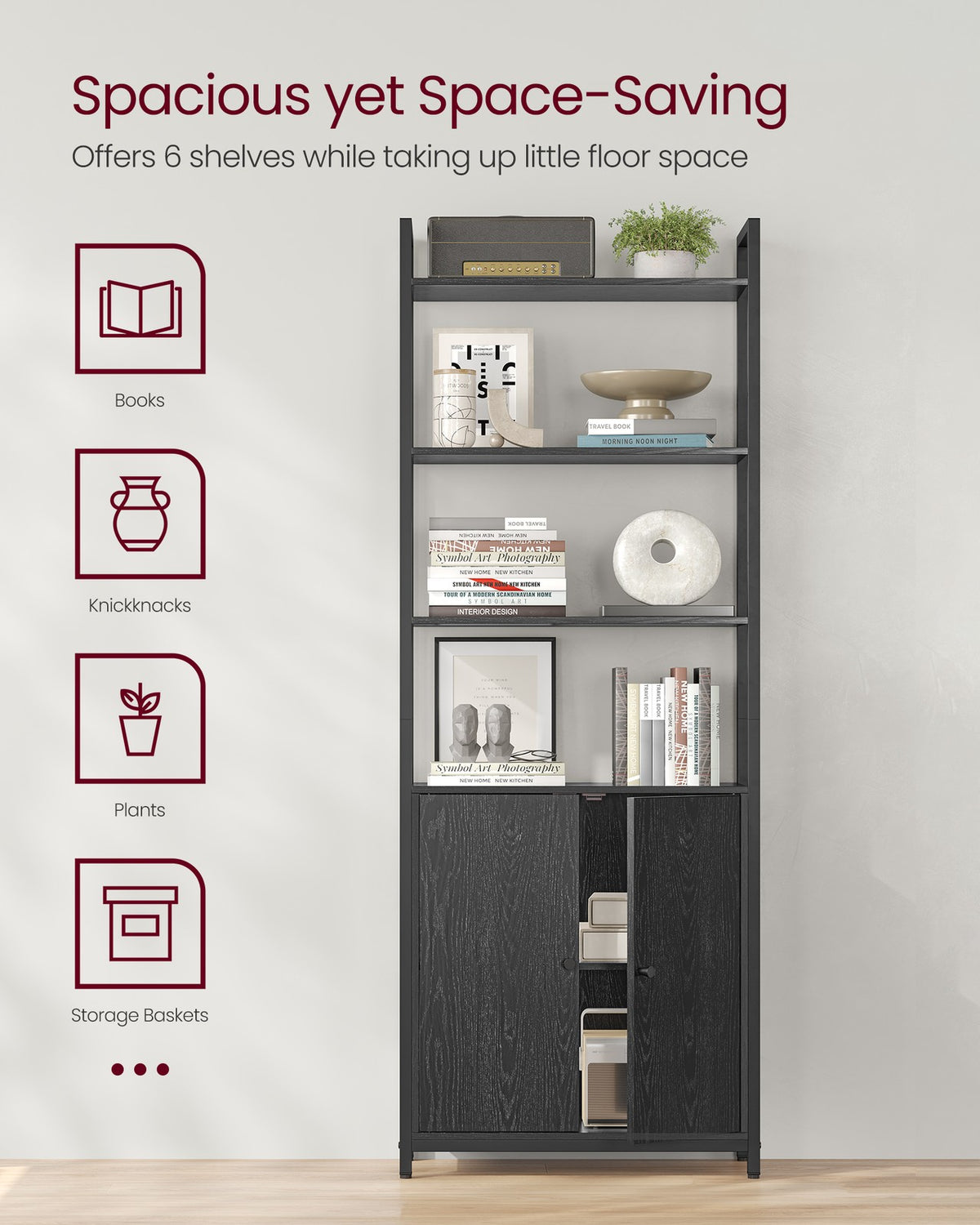 6-Tier Bookcase with Door Ebony Black and Ink Black - image 17