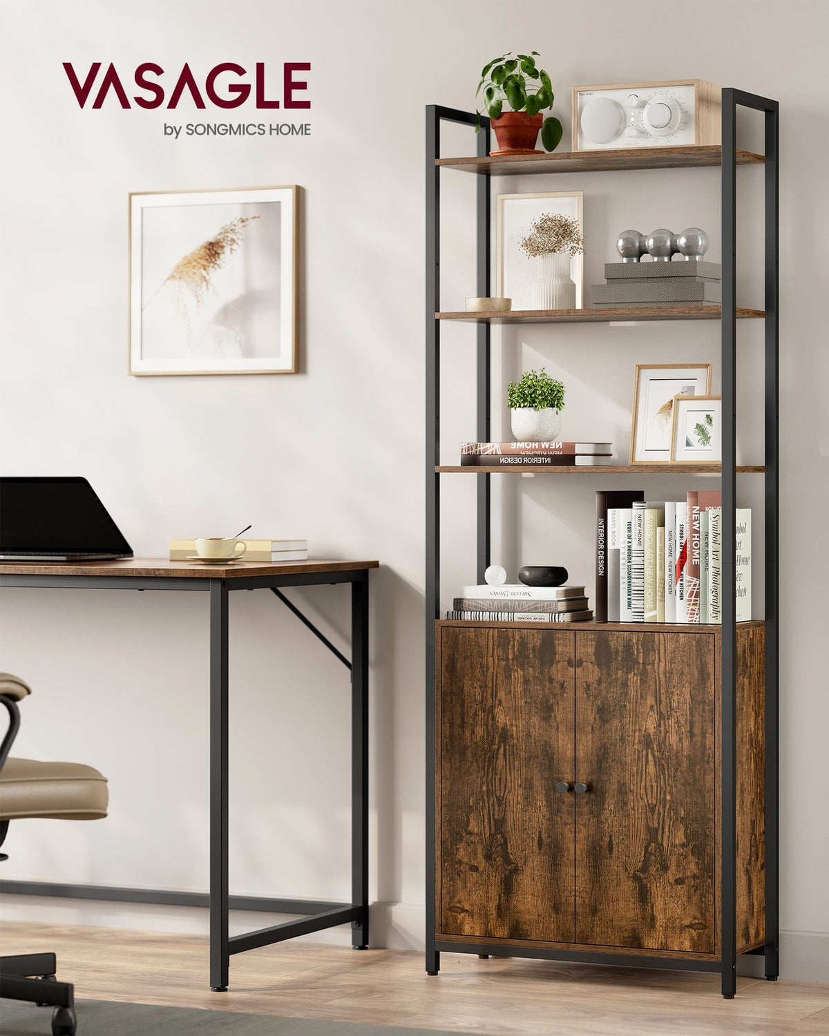 6-Tier Bookcase with Door Ebony Black and Ink Black - image 23