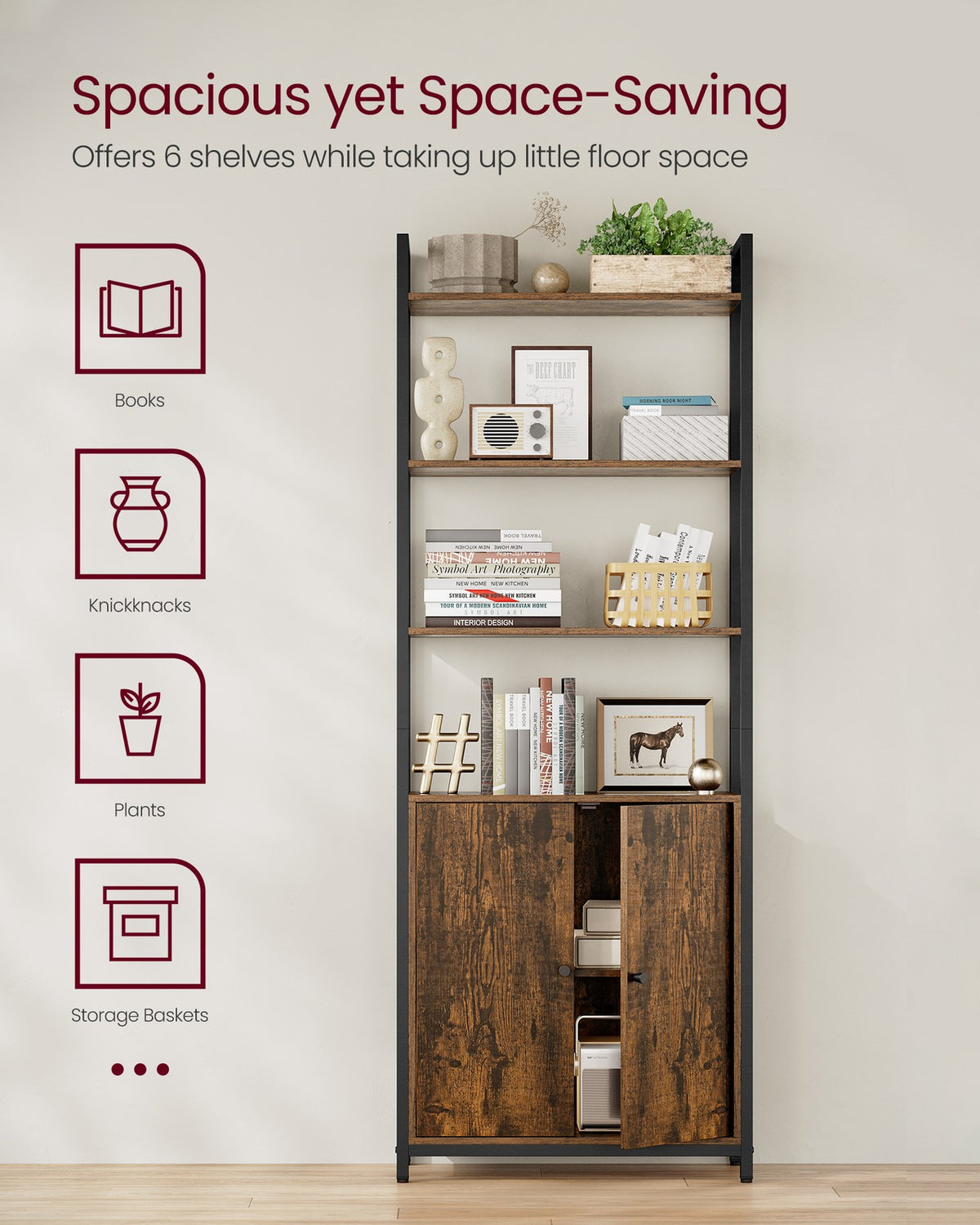 6-Tier Bookcase with Door Ebony Black and Ink Black - image 24