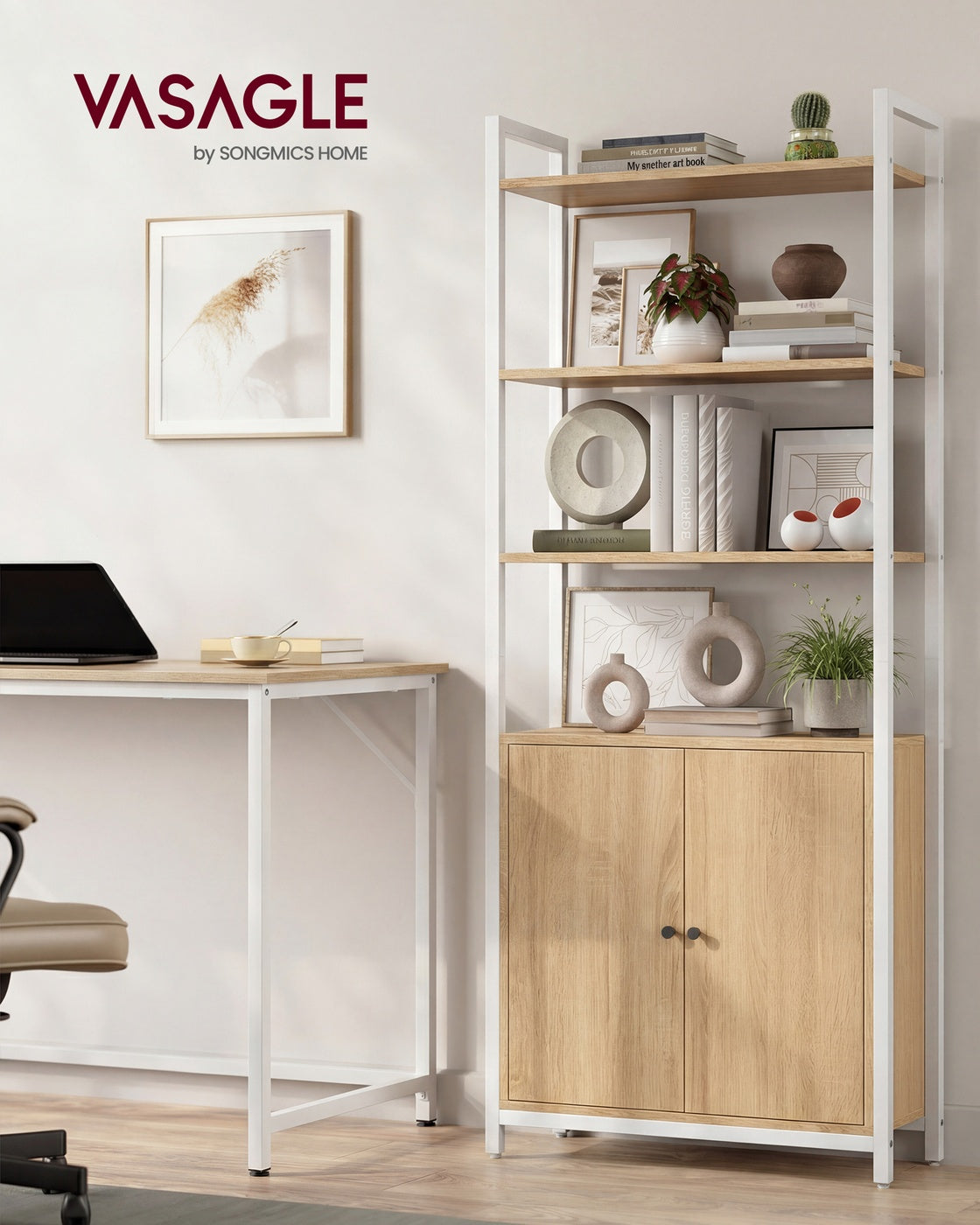 6-Tier Bookshelf with Door, 24 x 60 x 159.5 cm, Oak and White - image 2