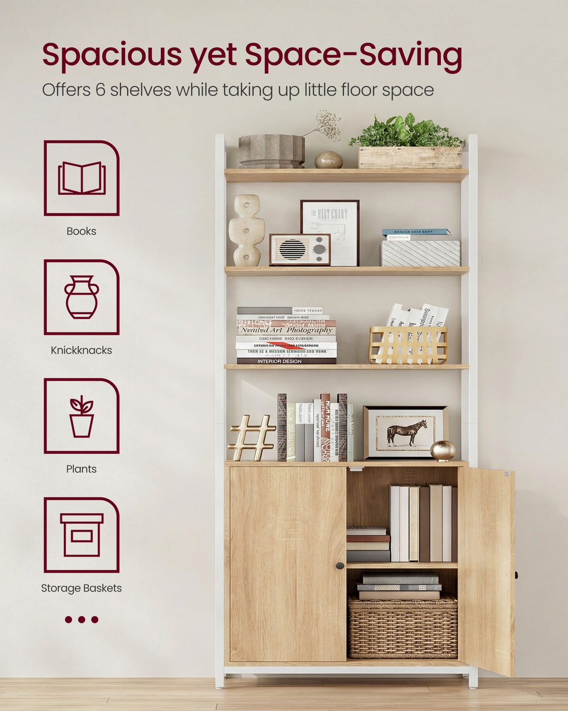 6-Tier Bookshelf with Door, 24 x 60 x 159.5 cm, Oak and White - image 3