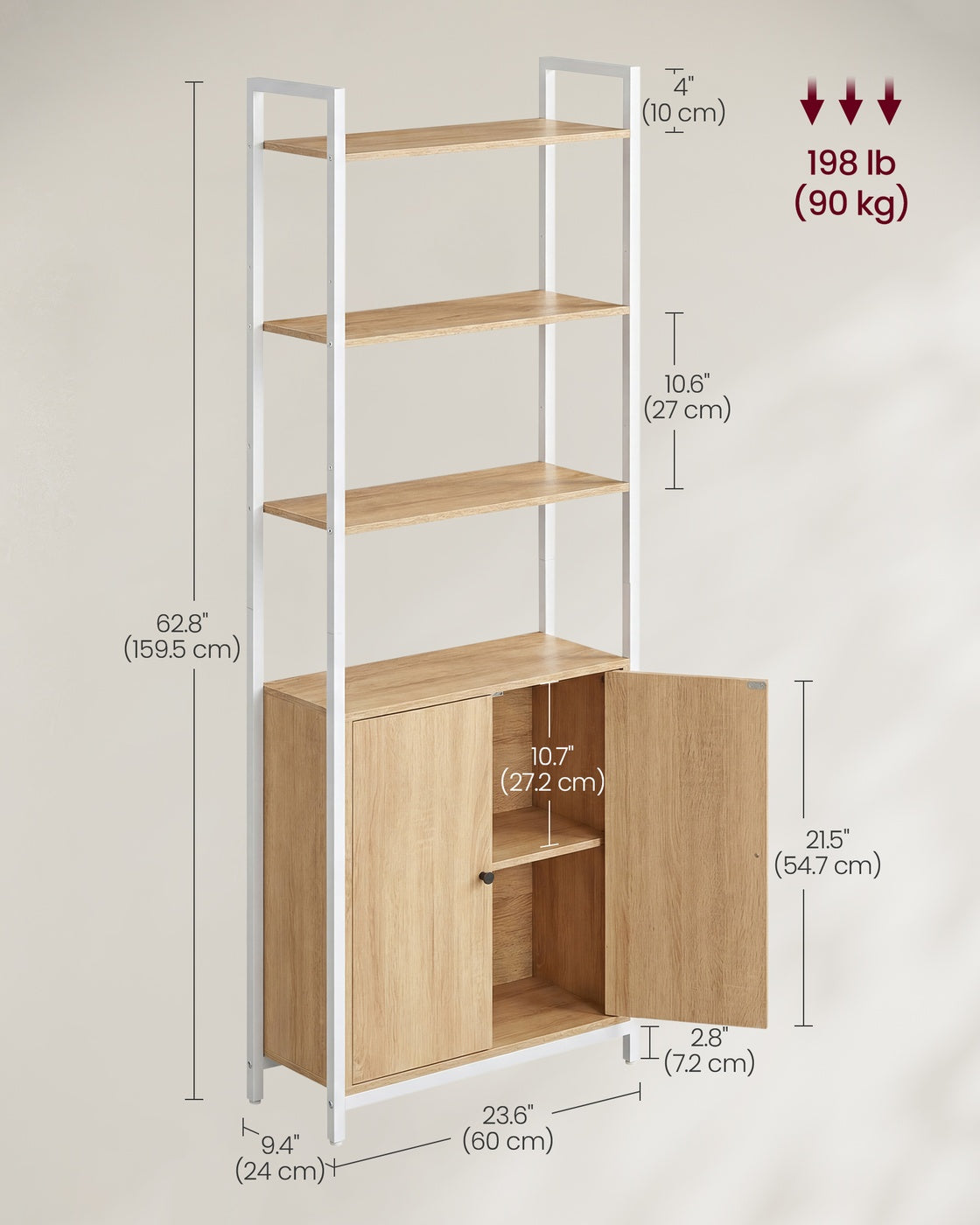 6-Tier Bookshelf with Door, 24 x 60 x 159.5 cm, Oak and White - image 6