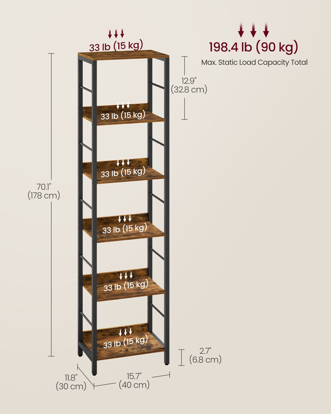 5-Tier Standing Bookshelf Rustic Brown and Ink Black - image 25