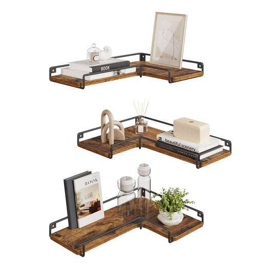 Set of 3 L-Shaped Floating Shelves Rustic Brown - image 1