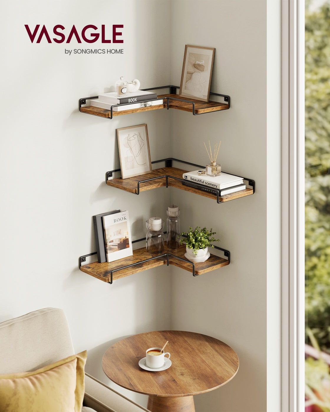 Set of 3 L-Shaped Floating Shelves Rustic Brown - image 2