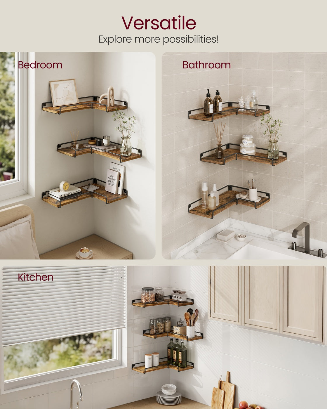 Set of 3 L-Shaped Floating Shelves Rustic Brown - image 4