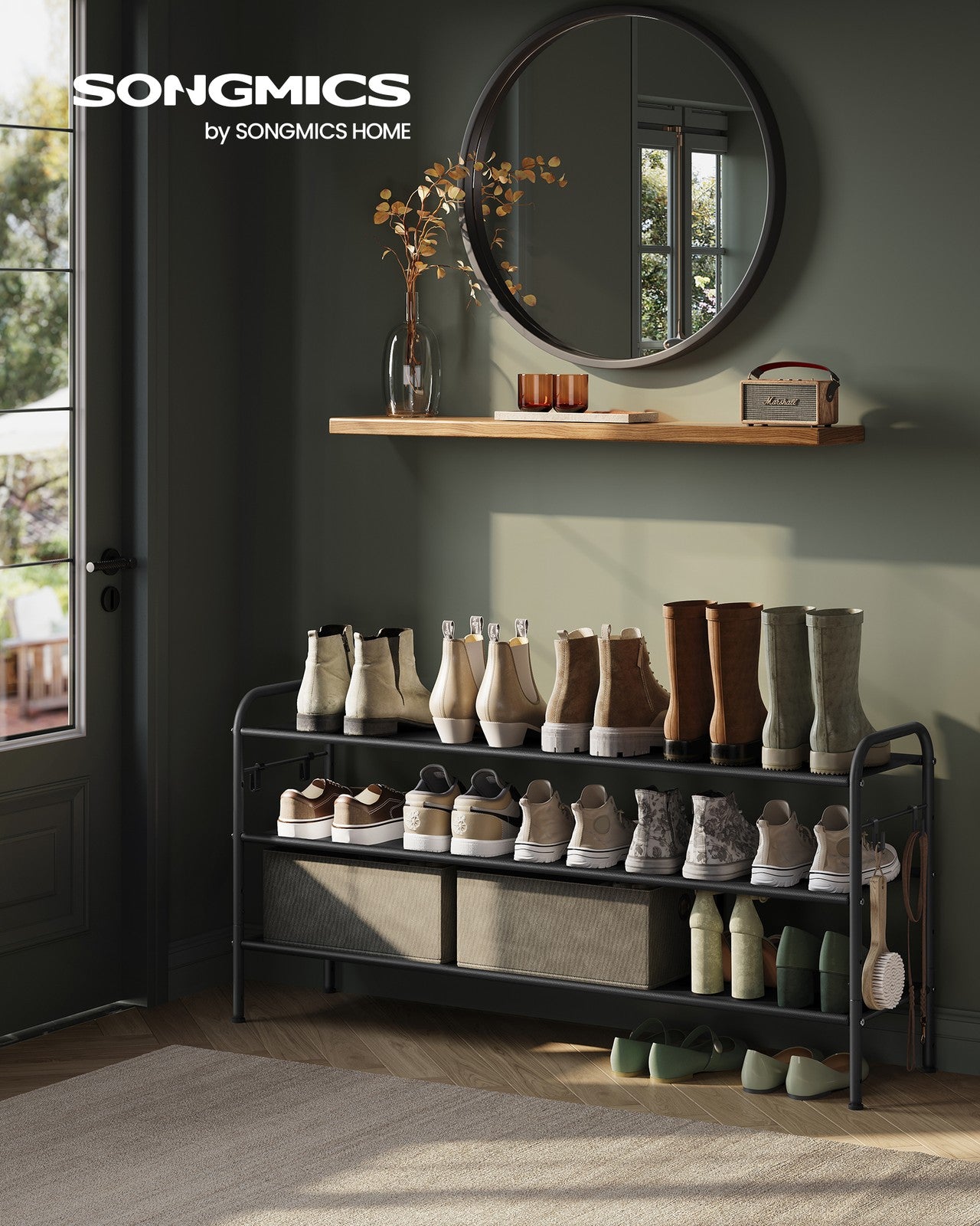 114" Wide 3-Tier Fabric Shoe Rack with 4 Hooks Ink Black - image 2