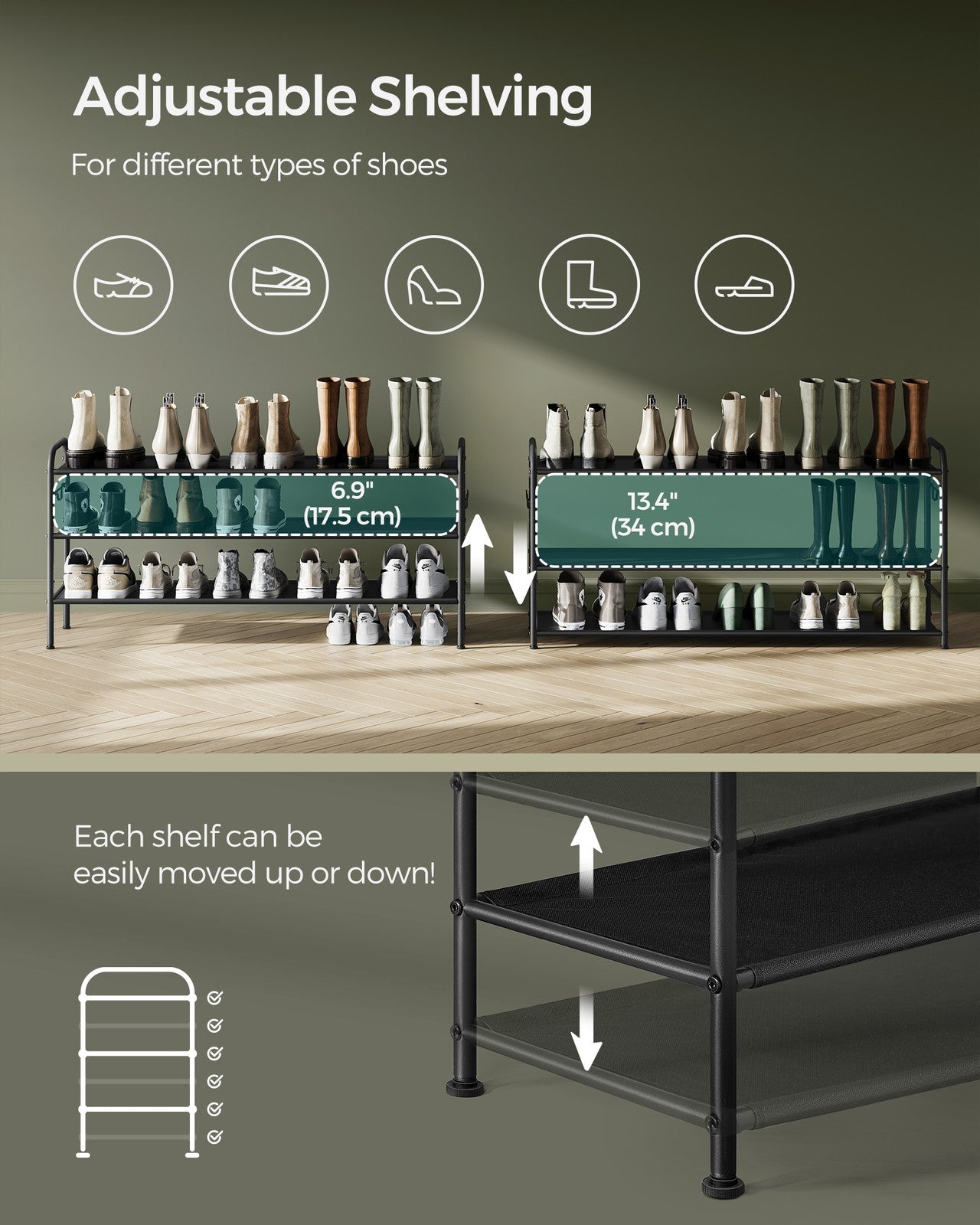 114" Wide 3-Tier Fabric Shoe Rack with 4 Hooks Ink Black - image 3