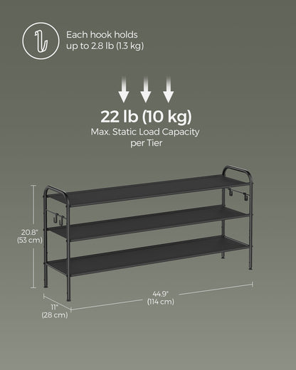 114" Wide 3-Tier Fabric Shoe Rack with 4 Hooks Ink Black - image 6