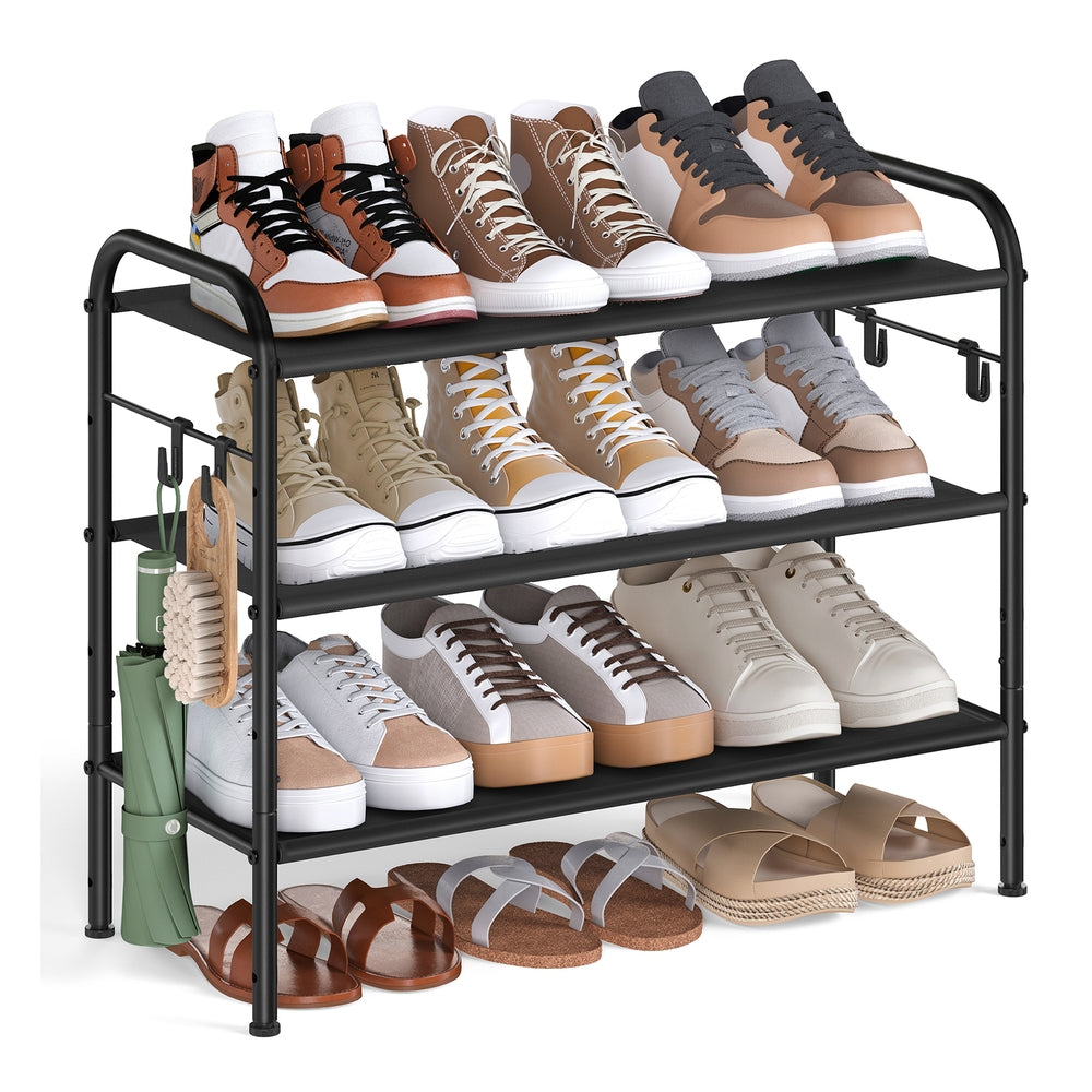 114" Wide 3-Tier Fabric Shoe Rack with 4 Hooks Ink Black - image 8