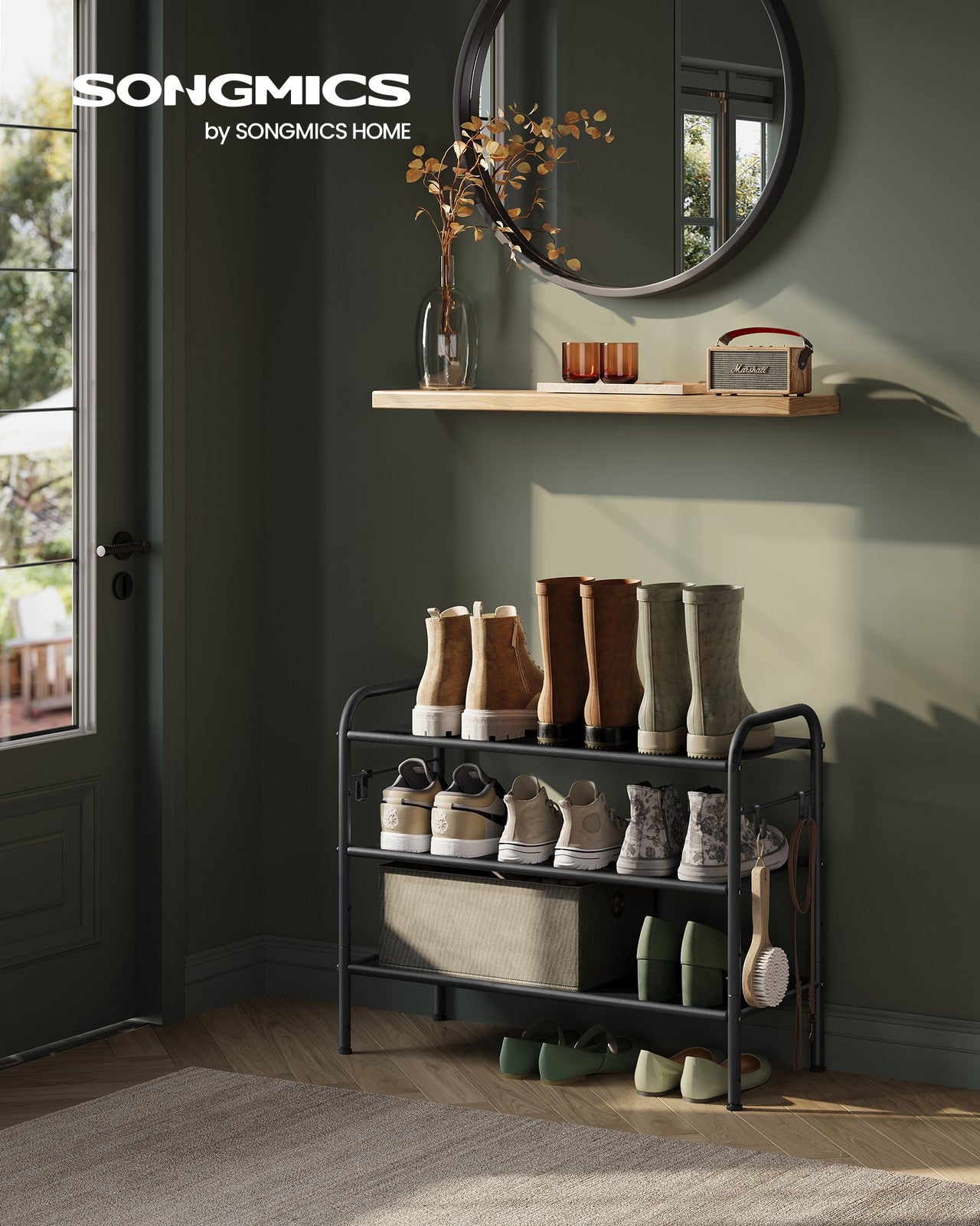 114" Wide 3-Tier Fabric Shoe Rack with 4 Hooks Ink Black - image 9