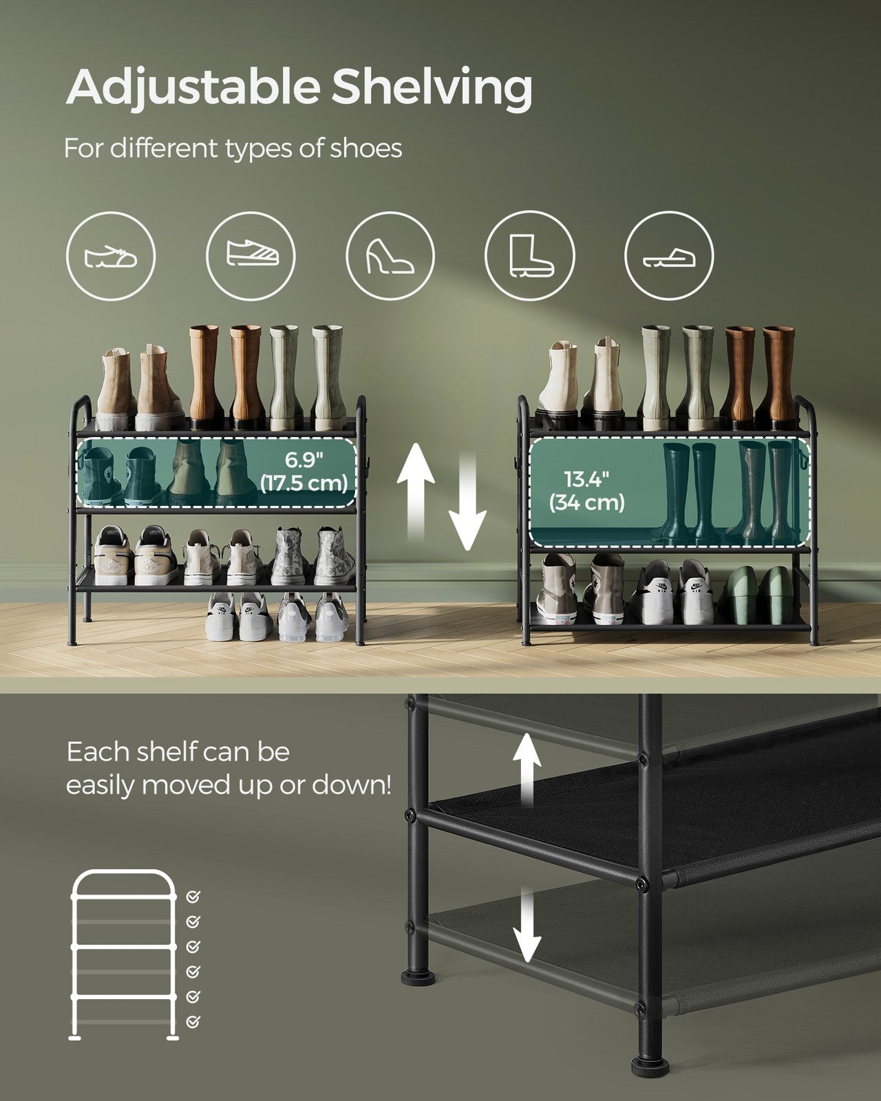 114" Wide 3-Tier Fabric Shoe Rack with 4 Hooks Ink Black - image 10