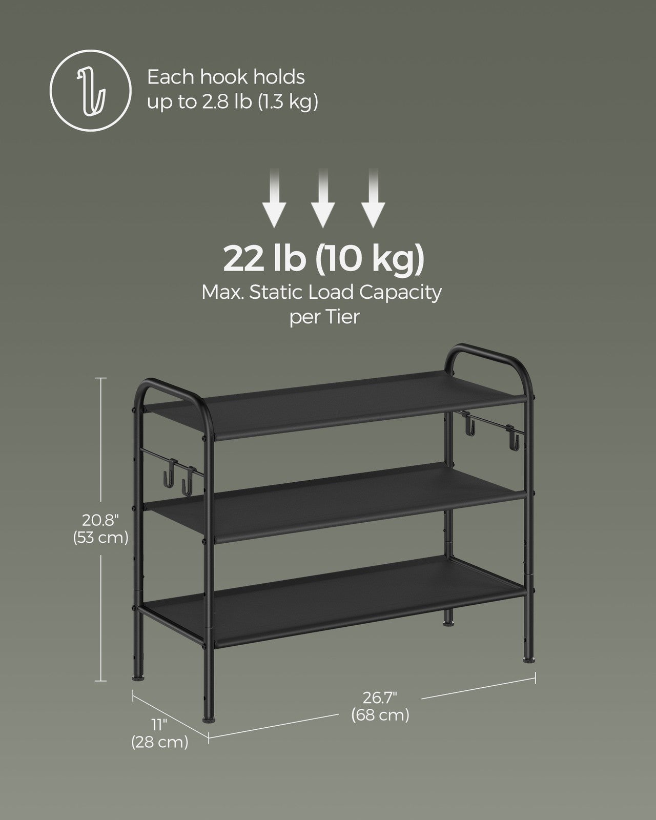 114" Wide 3-Tier Fabric Shoe Rack with 4 Hooks Ink Black - image 13