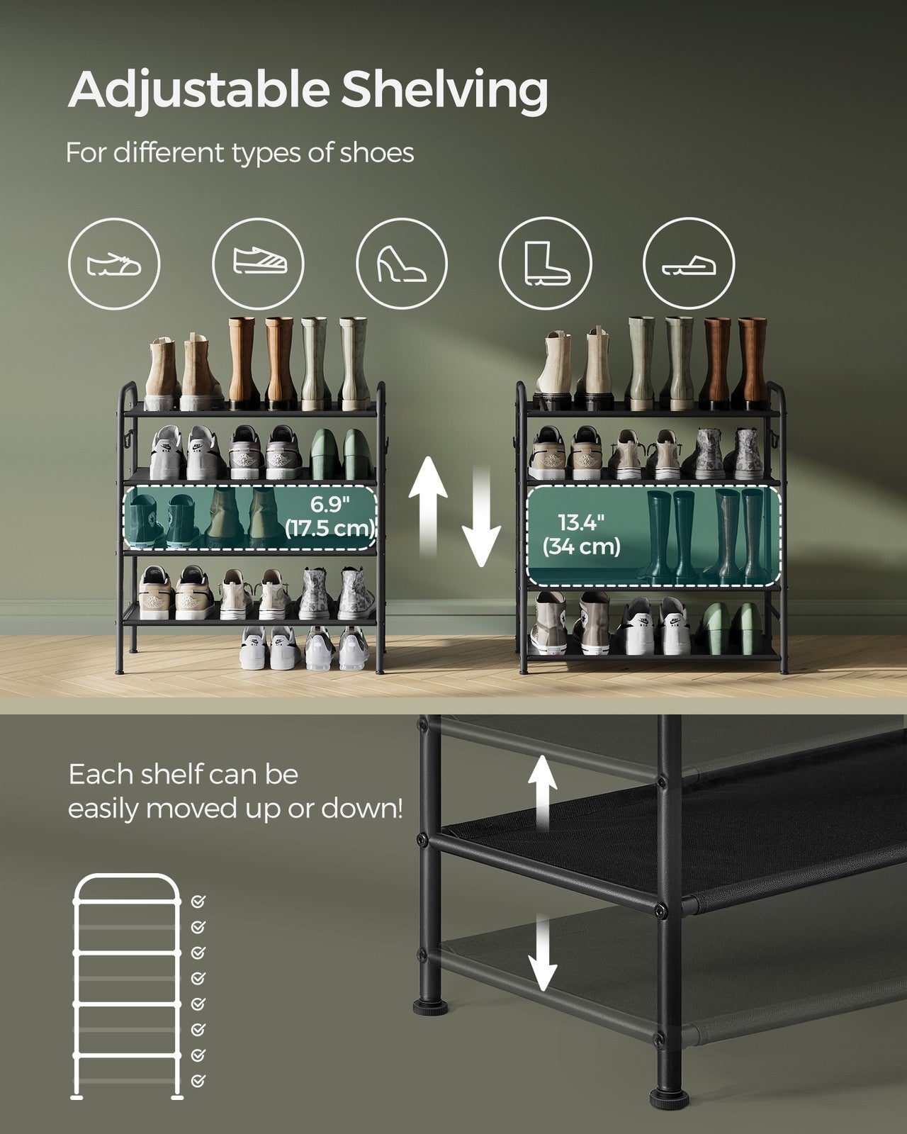 114" Wide 3-Tier Fabric Shoe Rack with 4 Hooks Ink Black - image 16