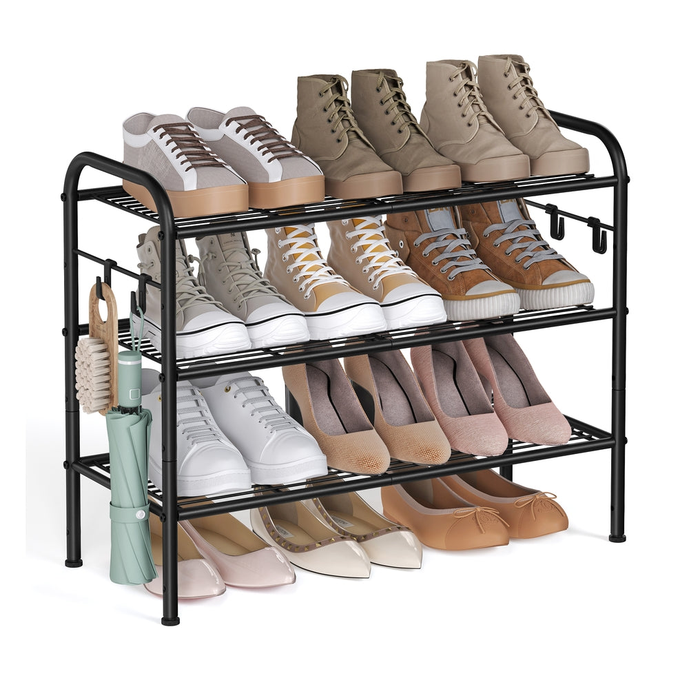 68" Wide 3-Tier Metal Shoe Rack with 4 Hooks Ink Black - image 1