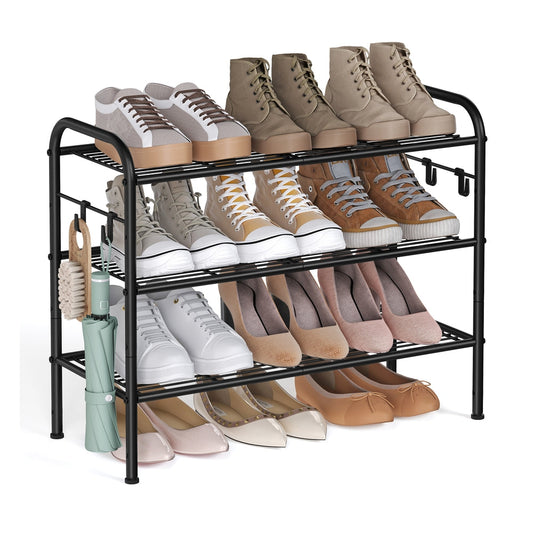 68" Wide 3-Tier Metal Shoe Rack with 4 Hooks Ink Black - image 1