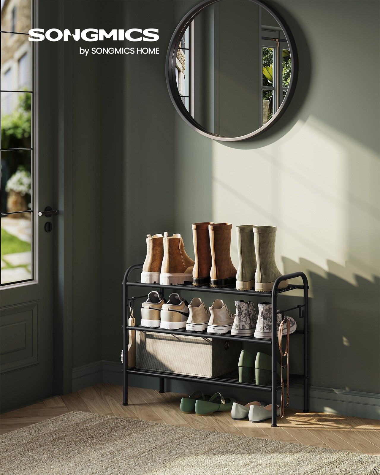 68" Wide 3-Tier Metal Shoe Rack with 4 Hooks Ink Black - image 2