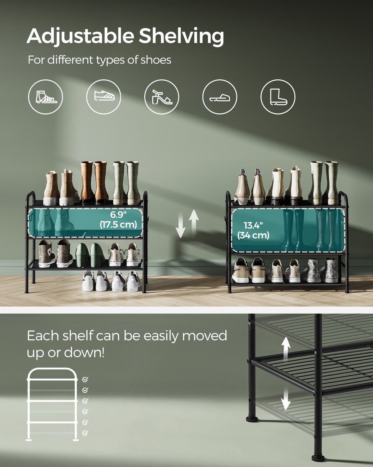 68" Wide 3-Tier Metal Shoe Rack with 4 Hooks Ink Black - image 3