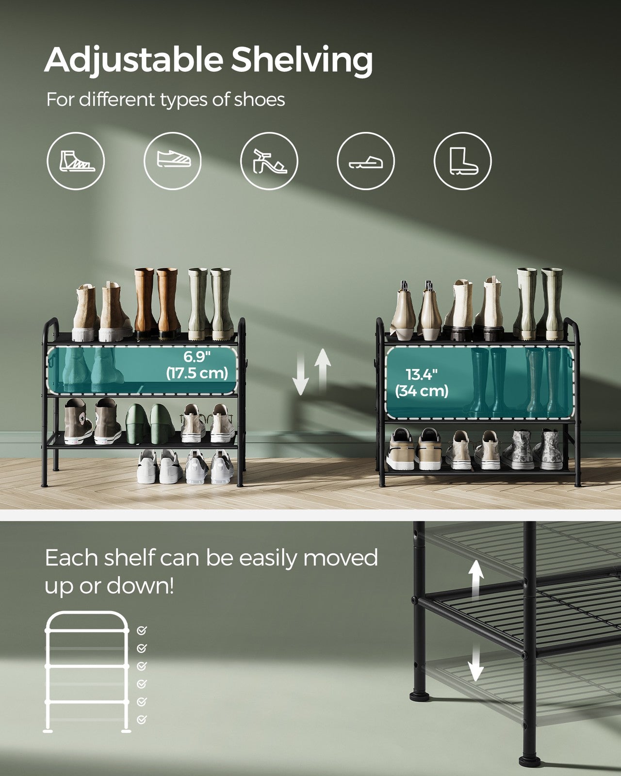 68" Wide 3-Tier Metal Shoe Rack with 4 Hooks Ink Black - image 3