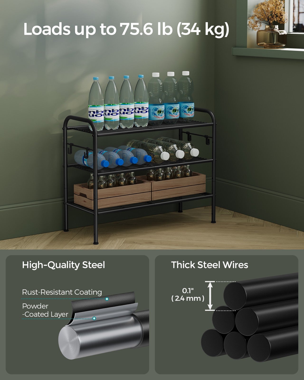 68" Wide 3-Tier Metal Shoe Rack with 4 Hooks Ink Black - image 4
