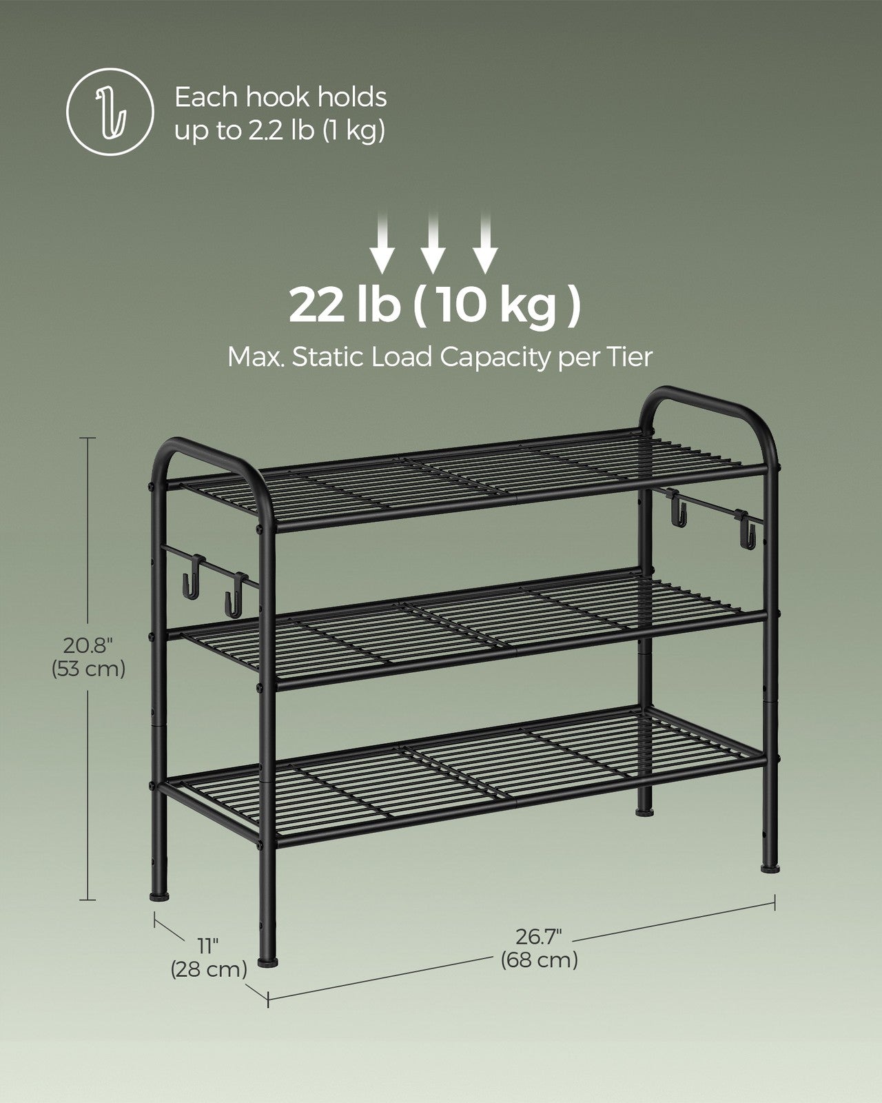 68" Wide 3-Tier Metal Shoe Rack with 4 Hooks Ink Black - image 5