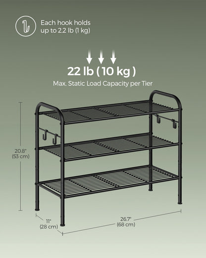 68" Wide 3-Tier Metal Shoe Rack with 4 Hooks Ink Black - image 5