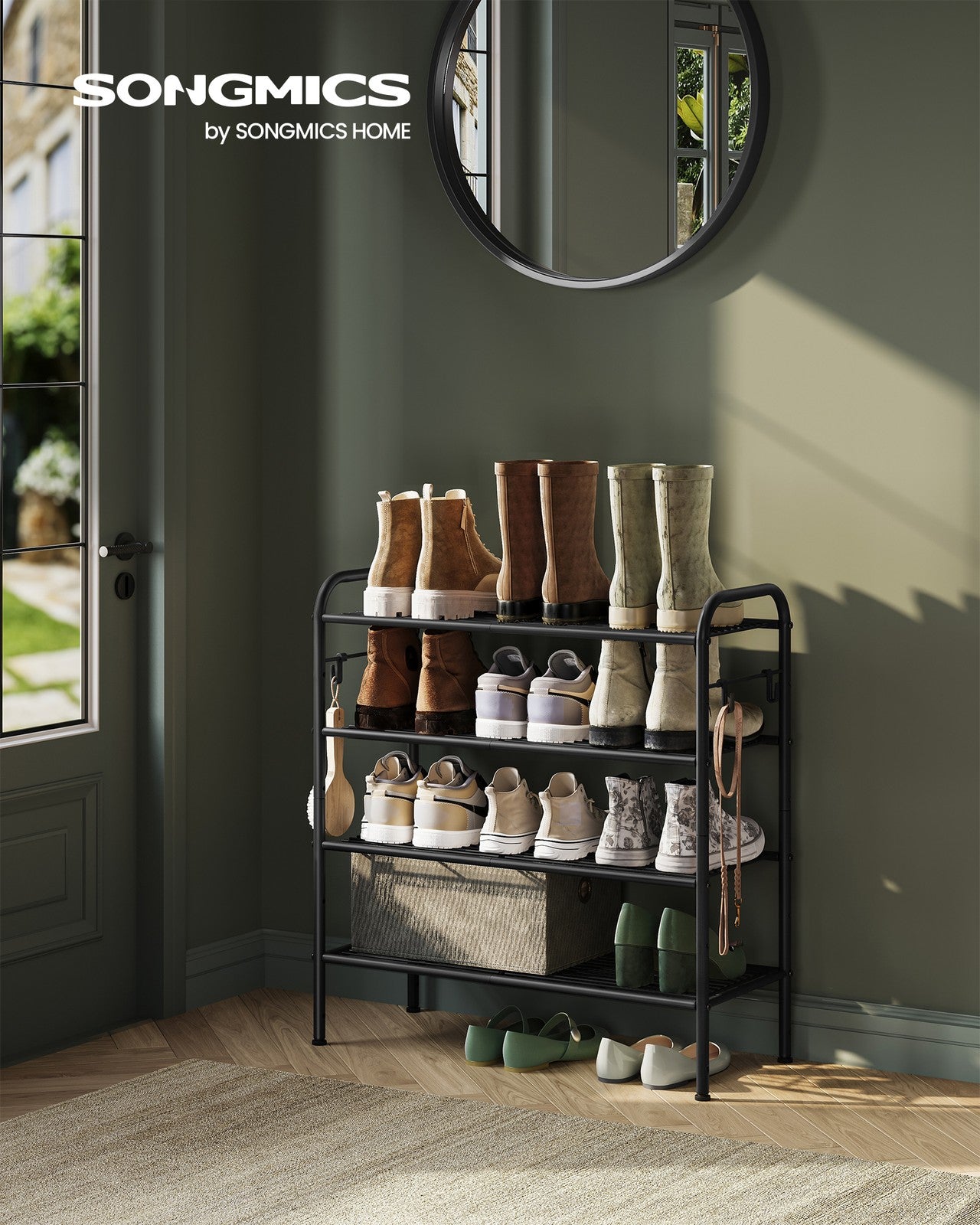 68" Wide 3-Tier Metal Shoe Rack with 4 Hooks Ink Black - image 8