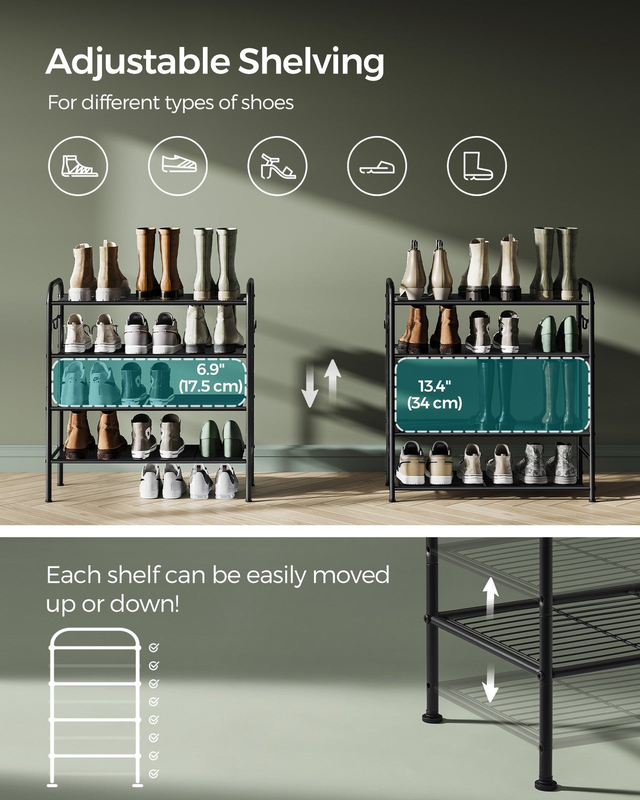 68" Wide 3-Tier Metal Shoe Rack with 4 Hooks Ink Black - image 9